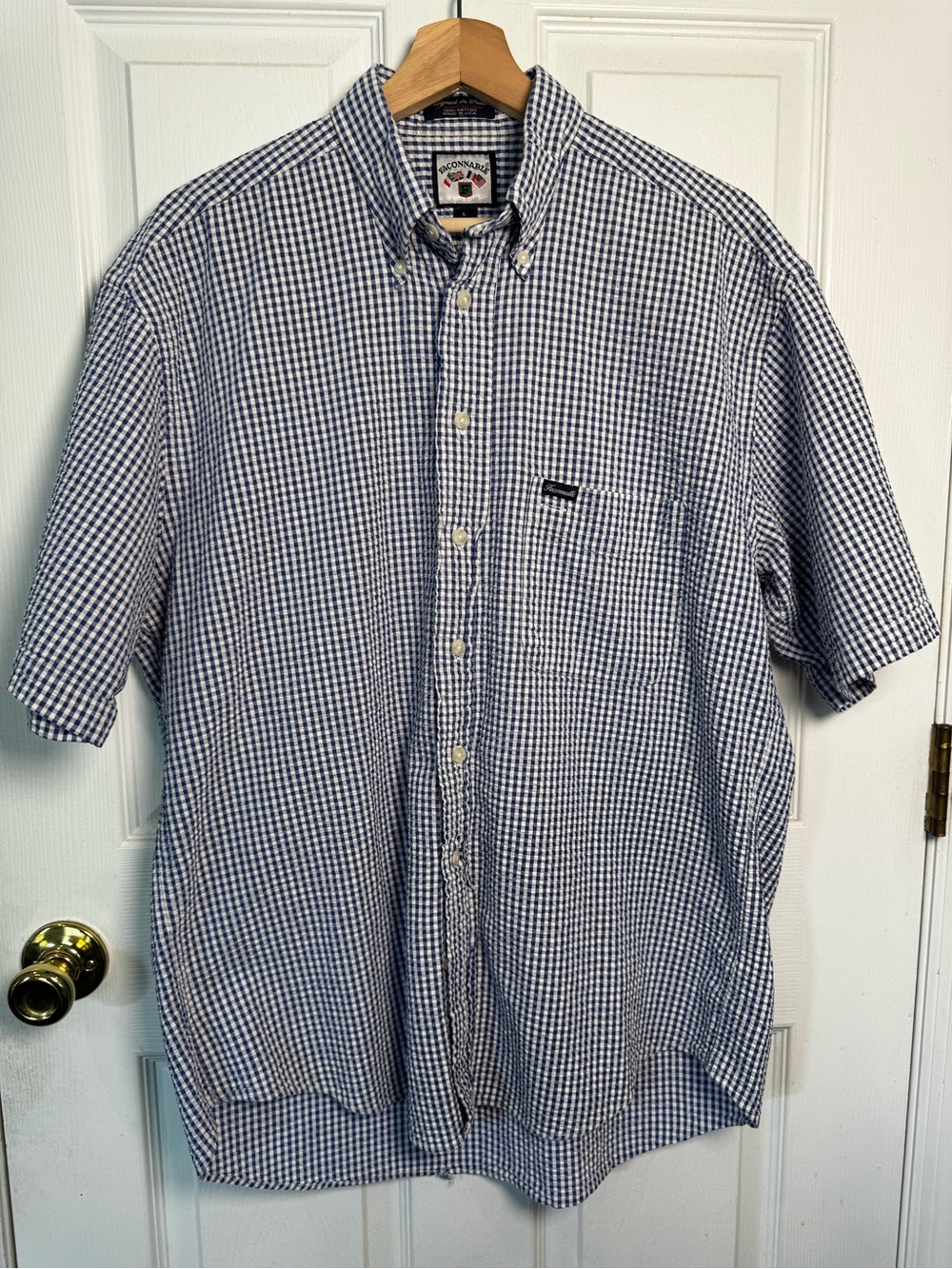 Vintage Faconnable Blue White Gingham Button Down Shirt Men’s Size Large